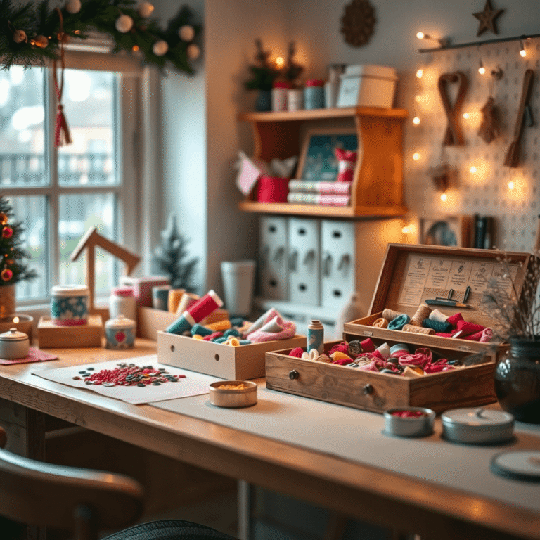Cozy craft room with warm lighting, organized sewing supplies in wooden boxes, festive lights, and subtle holiday decorations on a tidy workspace.