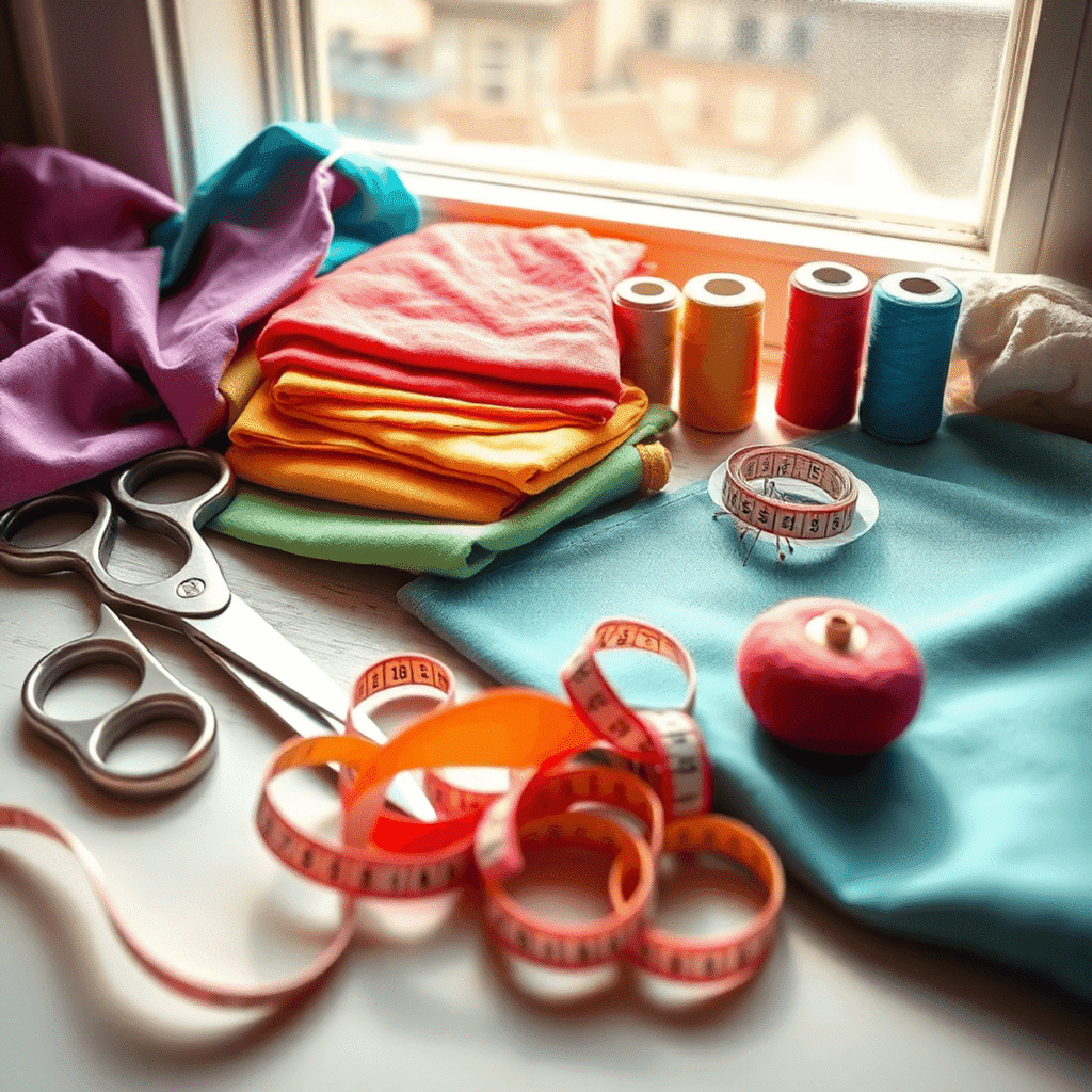 Bright workspace with colorful fabric, scissors, thread spools, needles, measuring tape, and pins in a pincushion, bathed in soft natural light.