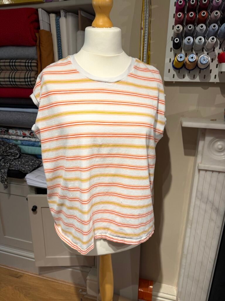 sewing orange and white t shirt